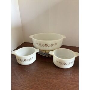 Vintage Pyr-o-rey Dynaware White Milk Glass 3 PC Casserole Dish Brown Daisy‎